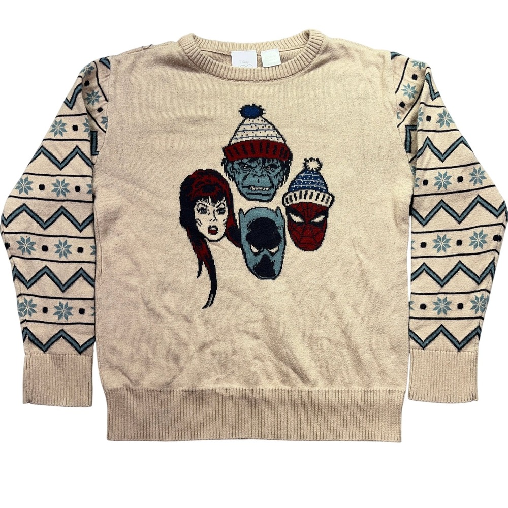 Disney Marvel 100 Years Holiday Sweater Superhero Fair‎ Isle Knit Medium Beige